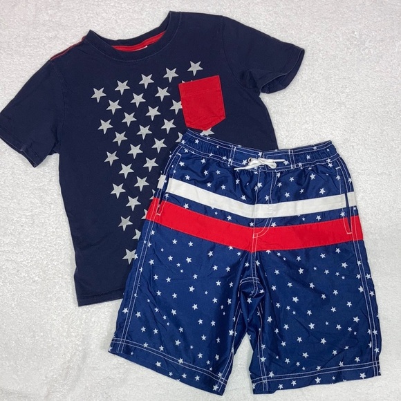Hanna Andersson Other - Hanna Andersson swim trunk and tee red white blue stripes and stars size 130 6/7